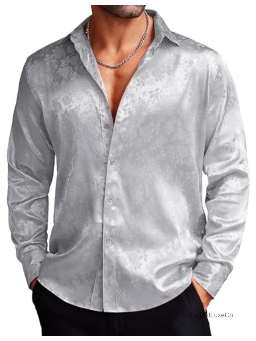 Men's Floral Jacquard Silk Satin Dress Shirt Slim Fit Long Sleeve Button Up